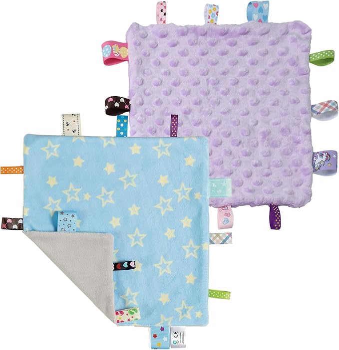 CREVENT Tag Security Blankets for Babies, Soft Small Loveys for Boys, Baby Comforter Sensory Blanket, Great Gifts for Birthday Baby Shower - 10"X10" Blue Star + Purple