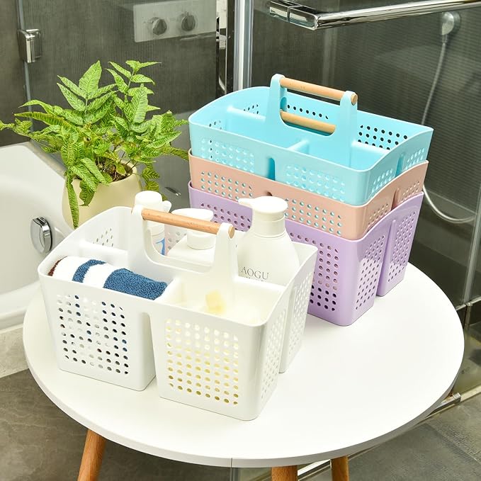 Portable Shower Caddy Basket with Compartments, Plastic Divided Cleaning Caddy Organizer Storage Tote with Handle for Bathroom, College, Dorm Room Essentials, Purple