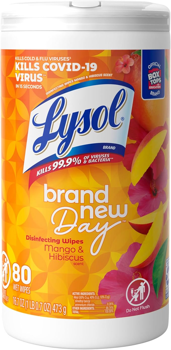 Lysol Disinfectant Wipes, Multi-Surface Cleaning Wipes, Dorm Room Essentials For Disinfecting and Cleaning, Mango & Hibiscus 80ct