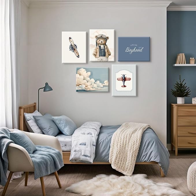 Teddy Bear Nursery Wall Art Decor Vintage Boy Room Pictures Baby Boy Nursery Canvas Wall Decor Blue Vintage Airplane Poster Kids Travel Aviation Prints for Playroom Bedroom 12x16x5 Inch Wrapped Canvas