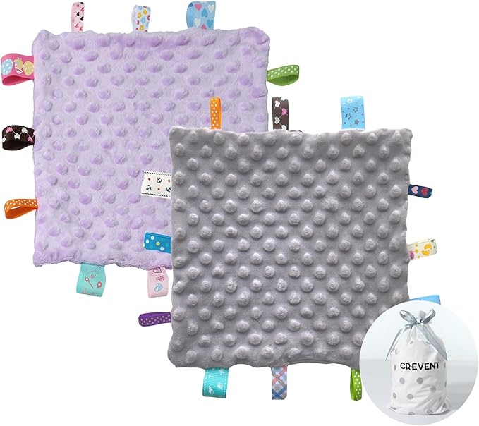 CREVENT Tag Security Blankets for Babies, Soft Small Loveys for Girls, Baby Comforter Sensory Blanket, Great Gifts for Birthday Baby Shower 10"X10" (Grey + Purple)