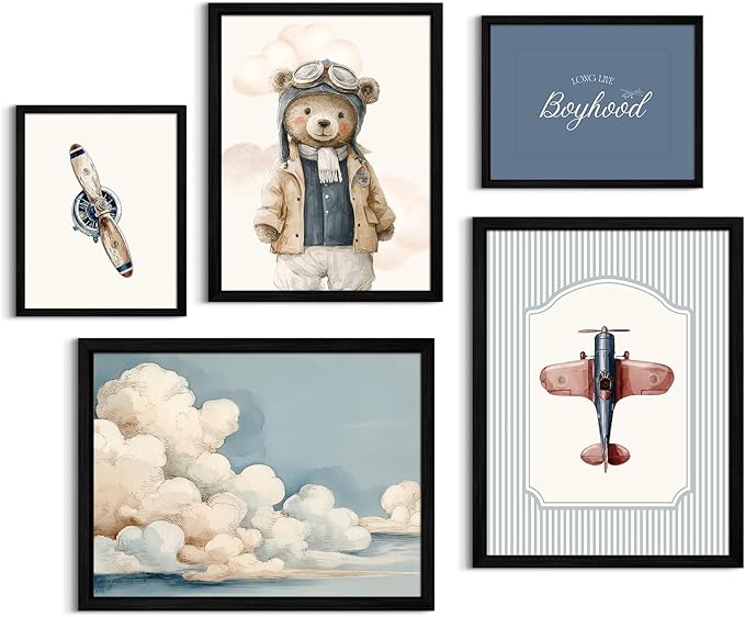 Teddy Bear Nursery Wall Art Decor Vintage Boy Room Pictures Baby Boy Nursery Canvas Wall Decor Blue Vintage Airplane Poster Kids Travel Aviation Prints for Playroom Bedroom 12x16x5 Inch Framed