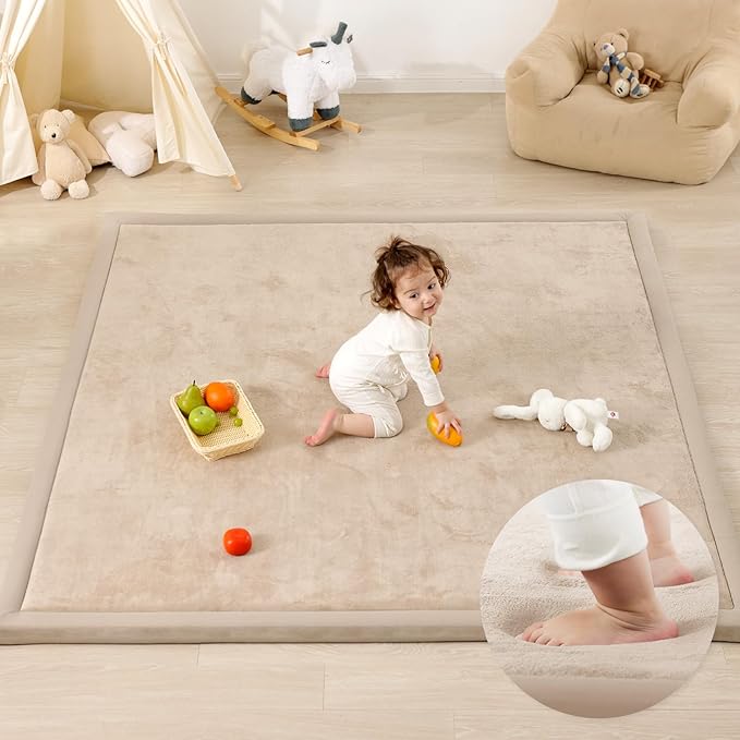 1.3" Thick Baby Floor Play Mat, 50x74 Padded Foam Tummy Time Crawling Mat, Non-Slip Water-Repellent Soft Plush Nursey Area Rug for Playroom Bedroom Living Room (Beige)