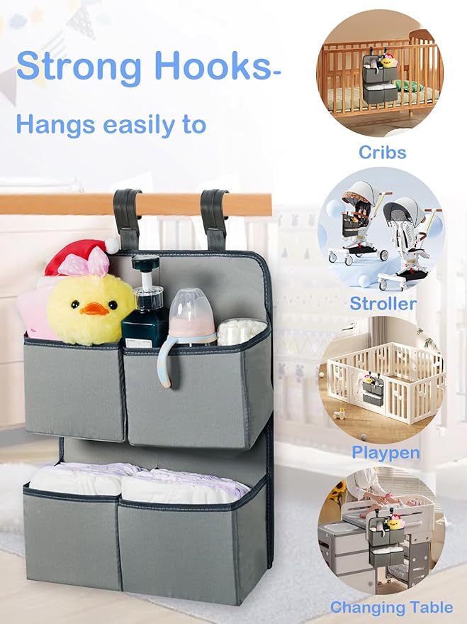 Hanging Diaper Organizer for Crib/Playpen/Bassinet – Hold 80+ Diapers - 4 Deep Pockets-H19in x L15 in Changing Table Diaper Holder - Hanging Diaper Stacker Nursery Caddy Organizer - Grey