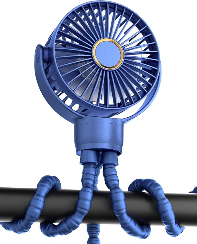 Portable Stroller Mini Fan, Small Rechargeable Personal Cooler w/ 360° Rotation, 3-Speed, Battery Powered Stroller Accessories, Baby Essentials for Car Seat, Crib, Bike, Treadmill, Denim