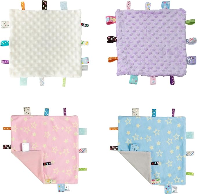 CREVENT Tag Security Blankets for Babies, Soft Small Loveys for Boys, Baby Comforter Sensory Blanket, Great Gifts for Birthday Baby Shower - 10"X10" Pink Star + Blue Star + Ivory + Purple