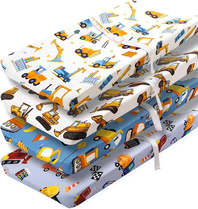 4 Pack Baby Boy Changing Pad Covers Sheets Set Soft Fitted Baby Boy Mattress Covers Construction Truck or Dinosaur Theme Breathable Toddler Sheets for Infant (Construction Truck, Changing Pad Covers)