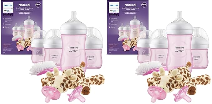 Philips Avent Natural Baby Bottle with Natural Response Nipple, Pink Baby Gift Set with Snuggle, SCD838/03 (Pack of 2)
