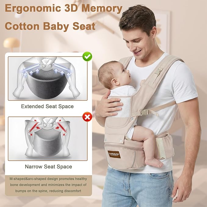 Baby Carrier with Hip Seat, 6-in-1 Baby Carrier Newborn to Toddler, Adjustable Detachable Infant Toddler Carrier, Hands-Free Baby Holder, All Seasons, Perfect for Shopping Travelling (Khaki)