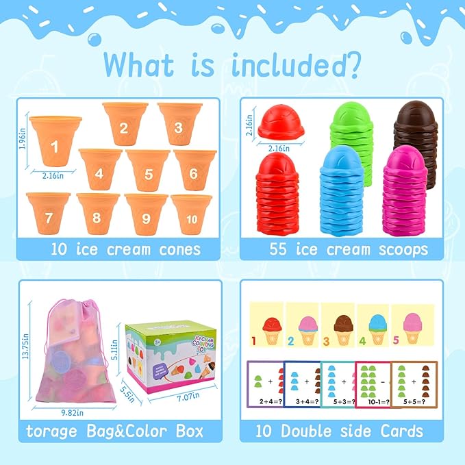 Ice Cream Counting and Color Sorting Stacking Toys for Kids Boys Girls Age 3-5,Montessori Preschool Kindergarten Learning Activities Fine Motor Skill Toys, Number Math Games Learning Toy Gifts