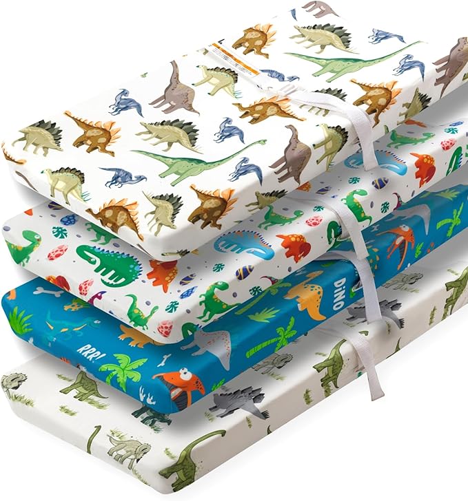 4 Pack Baby Boy Changing Pad Covers Sheets Set Soft Fitted Baby Boy Mattress Covers Construction Truck or Dinosaur Theme Breathable Toddler Sheets for Infant Boys (Dinosaur, Changing Pad Covers)