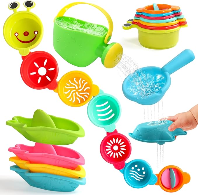 Baby Bath Toys for Kids Ages 1-3 Toddler Bath Toys Mold Free Bathtub Toys for 12+ Months Pool Water Table Beach Sand Toys Stacking Cups Floating Boats for 1+ Years Old Girls Boys Gifts 13 PCS