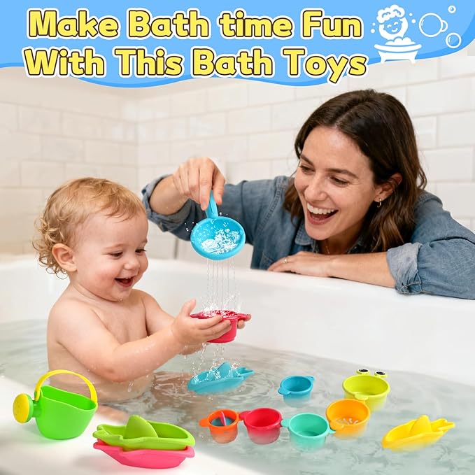 Baby Bath Toys for Kids Ages 1-3 Toddler Bath Toys Mold Free Bathtub Toys for 12+ Months Pool Water Table Beach Sand Toys Stacking Cups Floating Boats for 1+ Years Old Girls Boys Gifts 13 PCS