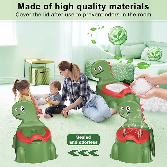 Potty Training Toilet Seat - Dinosaur Design, Portable Travel Potty with Lid, Urinal, Splash Guard, Non-Slip Pad (Green)