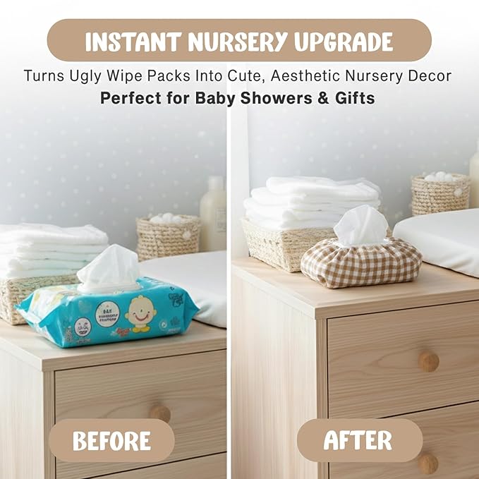 Baby Wipes Cover – Universal Size, One Size Fits All Wipes Packages | Muslin Cotton Tissue Cover for Nursery, Diaper Bag & Changing Table, Station | Gingham & Neutral Patterns (Beige Gingham)
