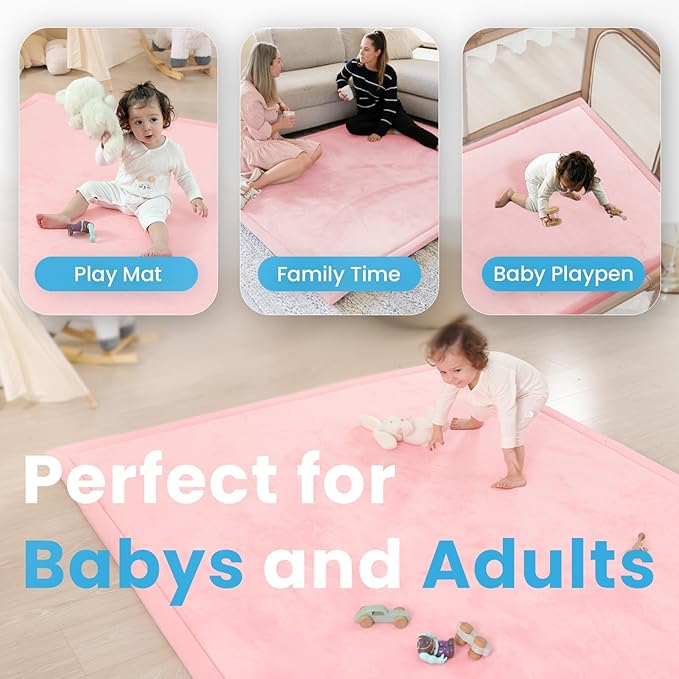 1.3" Thick Baby Floor Play Mat, 50x74 Padded Foam Tummy Time Crawling Mat, Non-Slip Water-Repellent Soft Plush Nursey Area Rug for Playroom Bedroom Living Room (Pink)