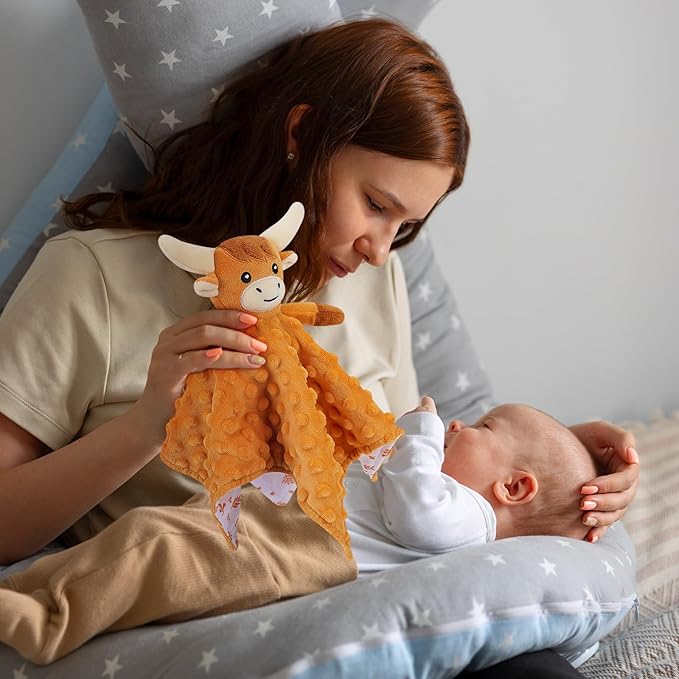 Loveys for Babies,Soft Baby Security Blanket for Newborn Infant Toddler Snuggle Toy Stuffed Animal,Lovey Highland Cow Security Blankets Baby Unisex for Gifts(Highland Cow,12.2in)