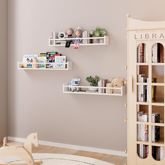 Fixwal Nursery Book Shelves, 23.6 Inch Floating Bookshelf for Wall, Set of 3, Nursery Decor, Solid Wood Wall Mounted Shelves for Books, Toys and Decor Storage (White)