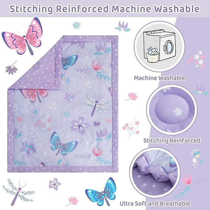 3 Piece Baby Crib Bedding Set, Infant Nursery Bed Set Decor with Quilt + Fitted Crib Sheet + Skirt, Baby Bedding Set Breathable and Soft for Baby Boy and Girl - Purple Butterfly