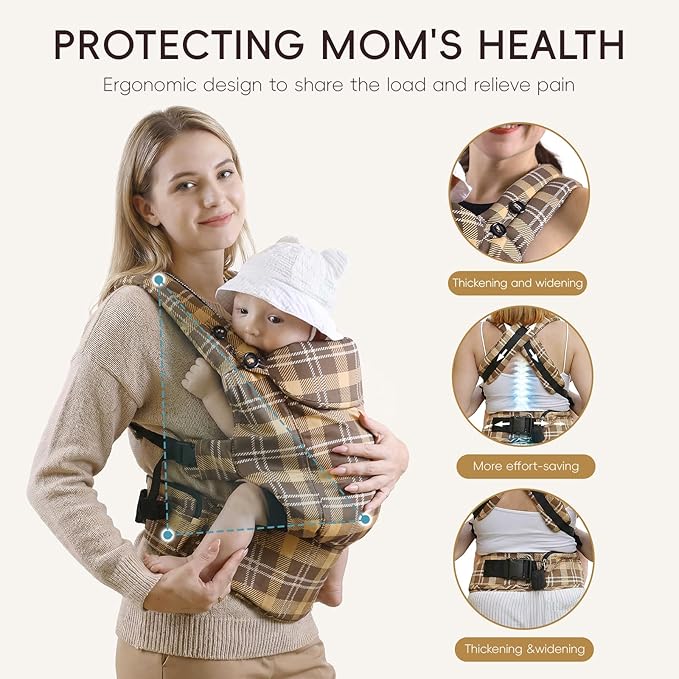 FRUITEAM Baby Carrier, Newborn Carrier with Adjustable Seat Size, Lightweight & Ergonomic Baby Carrier Newborn (7-25 Lbs), Easy to Wear, Travel and Hiking Friendly (Brown Plaid)
