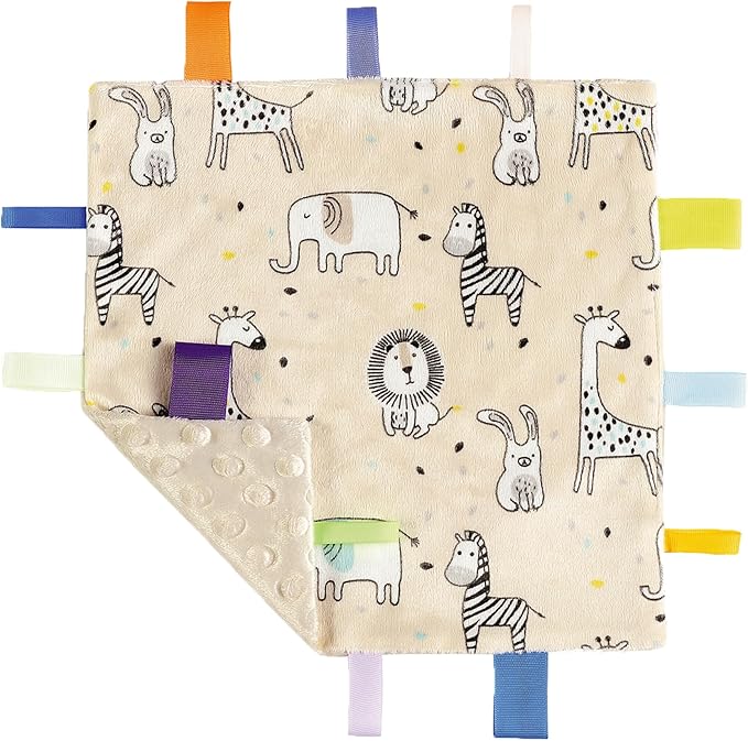 CREVENT Tag Security Blankets for Babies, Soft Small Loveys for Boys, Baby Comforter Sensory Blanket, Great Gifts for Birthday Baby Shower (10"X10" Zoo + Oragne)