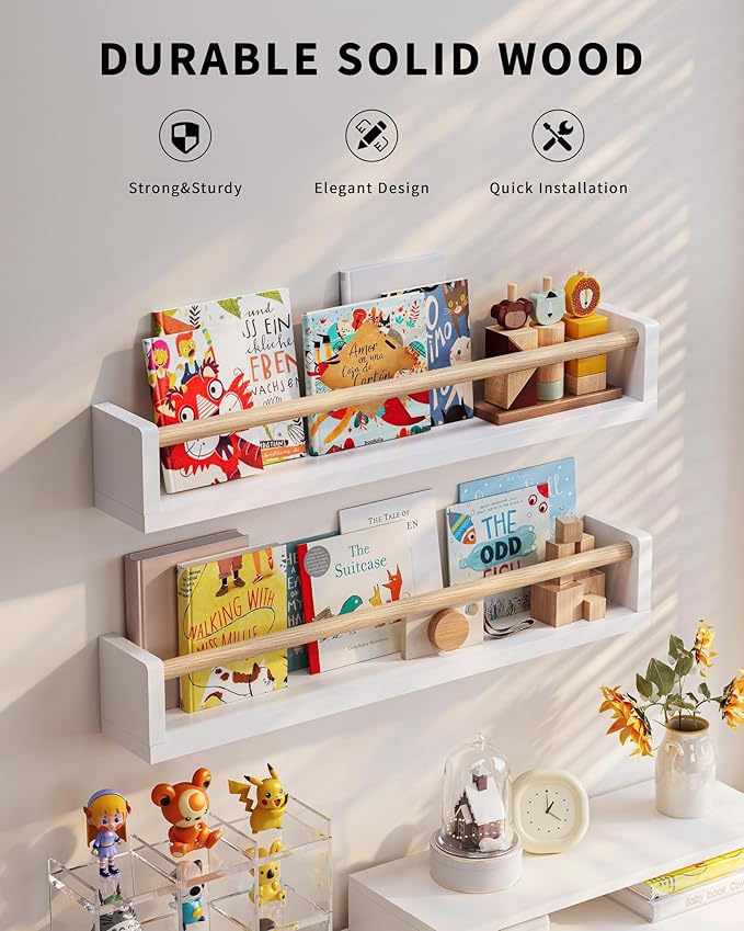 Nursery Book Shelves, 4 Pack, Wall Book Shelves for Kids Room, Baby, Toddler, Nursery Decor (White Wood, 23.1 Inches)