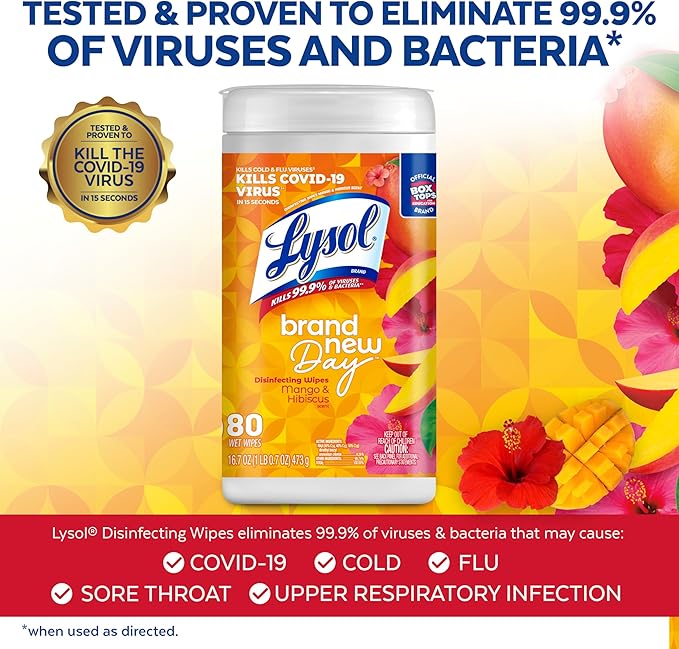 Lysol Disinfectant Wipes, Multi-Surface Cleaning Wipes, Dorm Room Essentials For Disinfecting and Cleaning, Mango & Hibiscus 80ct