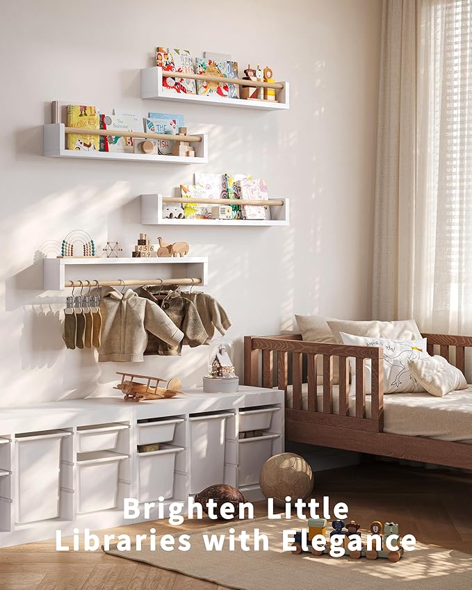 Nursery Book Shelves, 4 Pack, Wall Book Shelves for Kids Room, Baby, Toddler, Nursery Decor (White Wood, 23 Inches)