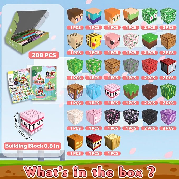Magnetic Blocks, 208PCS Magnetic Building Blocks, Stacking Magnets for Kids, Sensory Toy for STEM Constructions Magnet Blocks for Boys Girls Age 3+, Christmas Birthday Gifts (Sakura Forest)