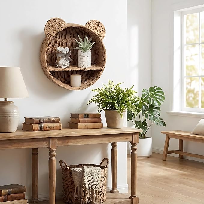 Bear Rattan Wall Shelf, Handwoven Wicker Nursery Shelf for Wall, Wall-Mounted Floating Display Shelf Organizer for Small Books, Toys & Decor