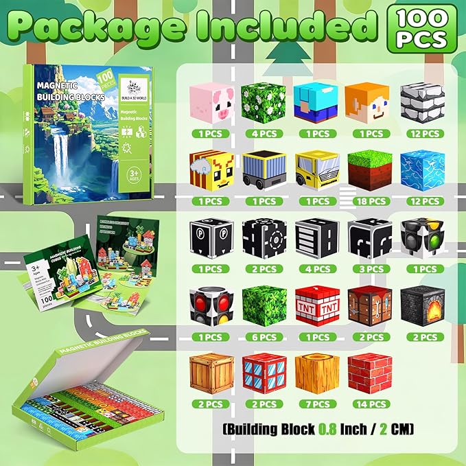 Magnetic Blocks, 100PCS Magnetic Building Blocks, Stacking Magnets for Kids, Sensory Toy for STEM Constructions Magnet Blocks for Boys Girls Age 3+, Christmas Birthday Gifts (Green Traffic Forest)