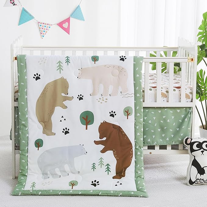 3 Piece Baby Crib Bedding Set, Infant Nursery Bed Set Decor with Quilt + Fitted Crib Sheet + Skirt, Baby Bedding Set Breathable and Soft for Baby Boy and Girl - Forest Bear