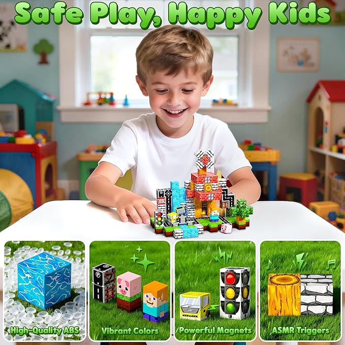 Magnetic Blocks, 100PCS Magnetic Building Blocks, Stacking Magnets for Kids, Sensory Toy for STEM Constructions Magnet Blocks for Boys Girls Age 3+, Christmas Birthday Gifts (Green Traffic Forest)