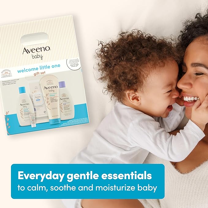 Aveeno Baby Welcome Little One Gift Set, Skincare Set with Nourishing Body Wash & Shampoo, Calming Bath Wash, All Over Wipes, Daily Moisturizing Lotion, & Balm, 5 Items