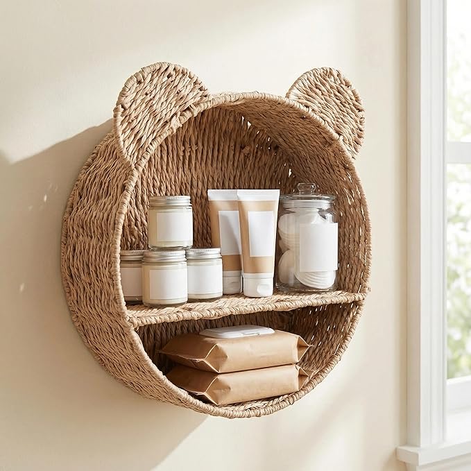 Bear Rattan Wall Shelf, Handwoven Wicker Nursery Shelf for Wall, Wall-Mounted Floating Display Shelf Organizer for Small Books, Toys & Decor