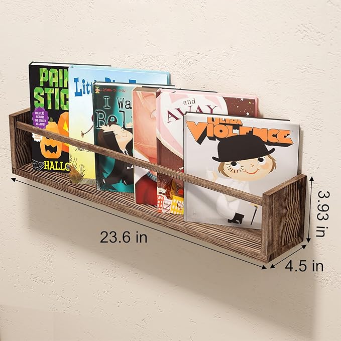Fixwal Nursery Book Shelves for Kids Rooms, 23.6 Inch Floating Bookshelves for Wall Set of 3, Baby Nursery Decor, Solid Wood Wall Mounted Shelves for Books (Brown)
