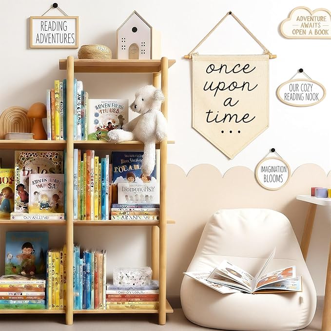 Once Upon a Time-Nursery Bedroom Playroom Decor Bookshel Bookcase Reading Corner-Birthday Christmas Gift-Hanging Pennant Flag Banner Wall Sign Decor Gift for Baby Kids Girl Boy Teen