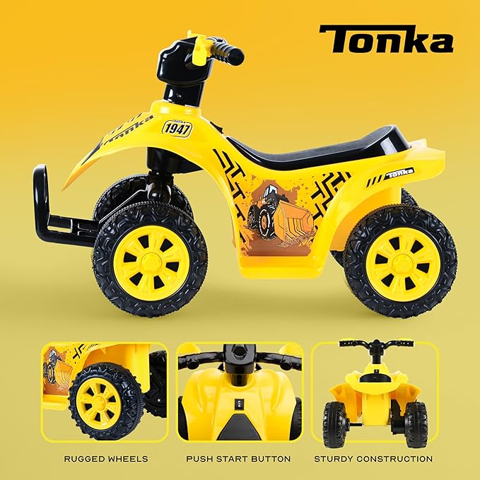 Tonka - 6V ATV Quad for Kids, Powerful and Safe Ride-On Toy with Rechargeable Battery, Forward and Reverse Driving, Max Weight Capacity of 55 LBS, Ages 2-3 Years