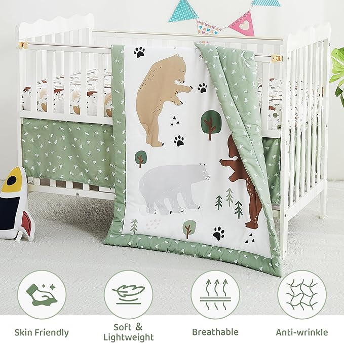 3 Piece Baby Crib Bedding Set, Infant Nursery Bed Set Decor with Quilt + Fitted Crib Sheet + Skirt, Baby Bedding Set Breathable and Soft for Baby Boy and Girl - Forest Bear