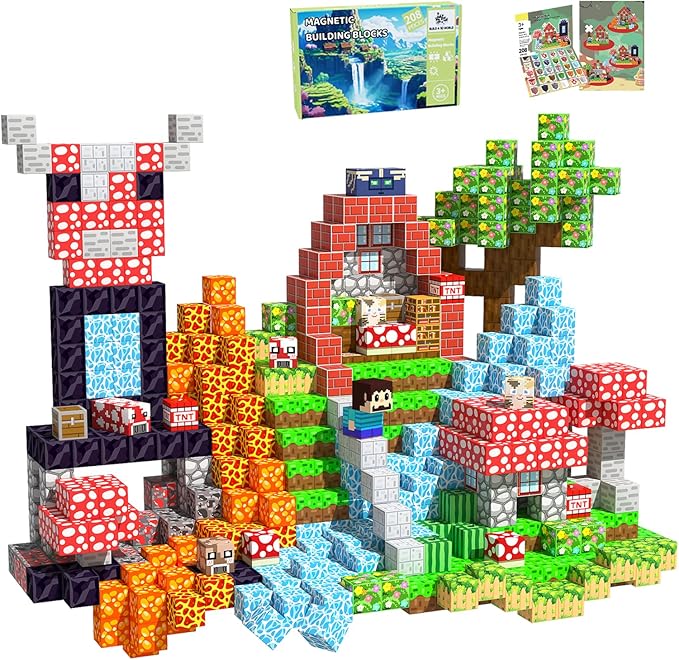 Magnetic Blocks, 208PCS Magnetic Building Blocks, Stacking Magnets for Kids, Sensory Toy for STEM Constructions Magnet Blocks for Boys Girls Age 3+, Christmas Birthday Gifts (Mushroom House)