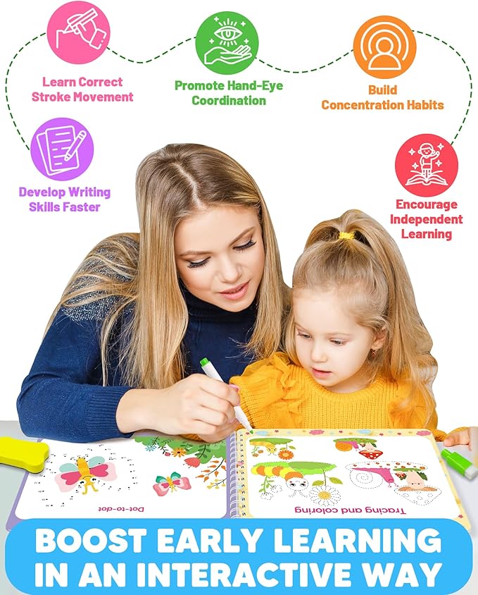 Preschool Learning Activities Kindergarten Workbooks, Toddler Busy Book Handwriting Practice, Coloring Tracing Activity Book for Kids 3-5, Montessori Educational Toys for 3 4 5 Year Old Boy Girl Gifts