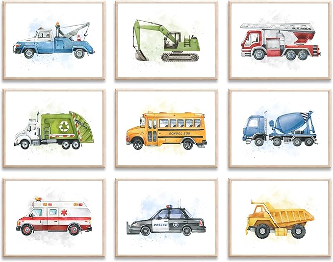 uniro Construction Room Decor for Boys, Truck Wall Art Print for Boys Room Decor, Cute Toddler Wall Decor Truck Prints, Car Pictures Wall Decor for Bedroom, Playroom, Nursery Decor, Vehicle Tractor Prints & Posters - 8x10inch|Unframed