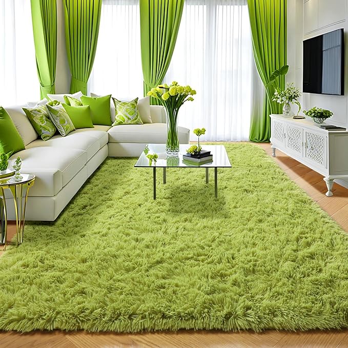 Amdrebio Grass Green Rug 6x9 for Living Room Bedroom, Fluffy Shag Plush Area Rugs for Kids Room Baby Nursery Decor, Modern Cool Fuzzy Floor Furry Shaggy Fuzzy Moss Carpet for Office Dorm Playroom