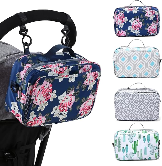 GOGOSO Baby Stroller Organizer Bag with Insulated Pocket, Universal Fit Most Strollers, Space for Diapers, Wipes & Toys Flower