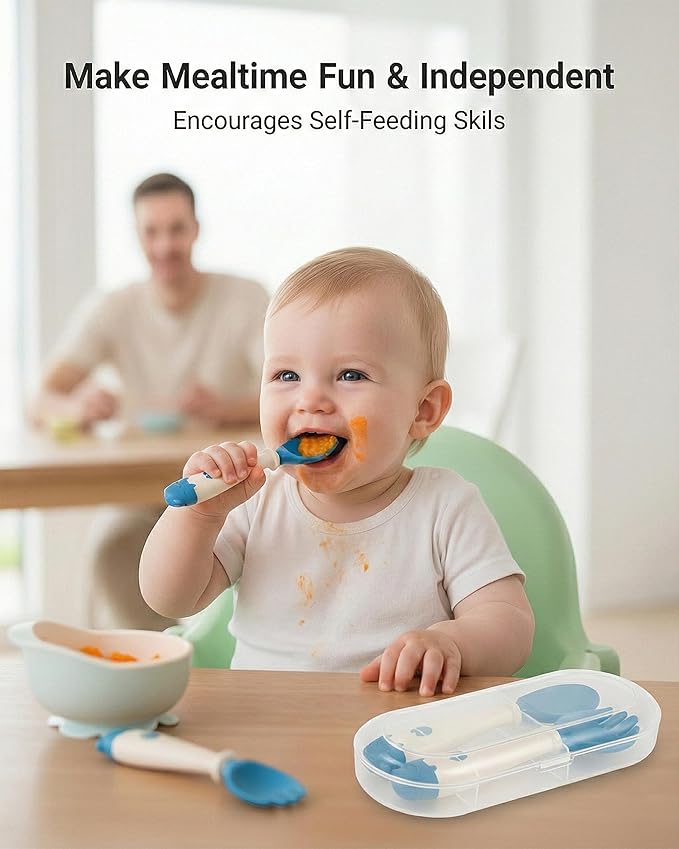 Deejoy Toddler Utensils, Self-feeding Flatware Set withTravel Case, Baby Spoons and Forks with Silicone Bendable Handle, Easy Grip Heat-Resistant, Ideal for Kids, Stage 2, Blue