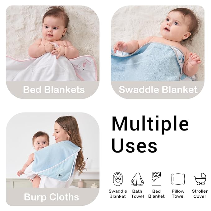 Viviland Baby Towels and Baby Wash Cloths Set Hooded Baby Towels Baby Wipes Absorbent Bath Face Towels Burp Cloths or Face Towels for Girl Boy 6-Pack Size 28 x 28 Inch(Dinosaur)
