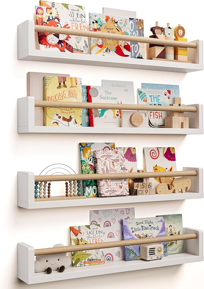 Nursery Book Shelves, 4 Pack, Wall Book Shelves for Kids Room, Baby, Toddler, Nursery Decor (White Wood, 23 Inches)