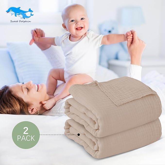 SWEET DOLPHIN Muslin Baby Bath Towels Blanket - 2 Pack 100% Cotton Towel for Babies, Infants, Toddlers - 40x40Inch - Highly Absorbent, Brown