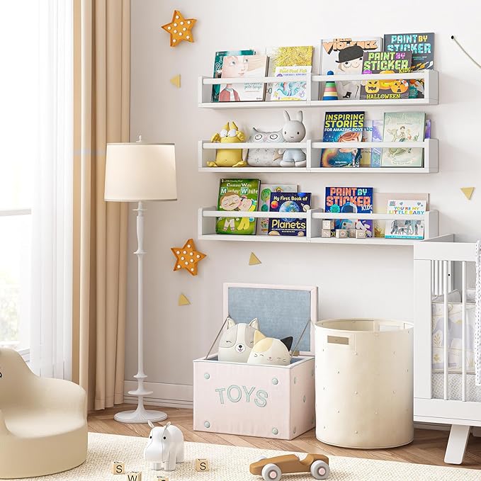Fixwal Nursery Bookshelves, 32in Floating Bookshelves for Wall Set of 3, Wood Wall Mounted Floating Shelves for Baby Nursery Decor, Toys and Decor Storage (White)