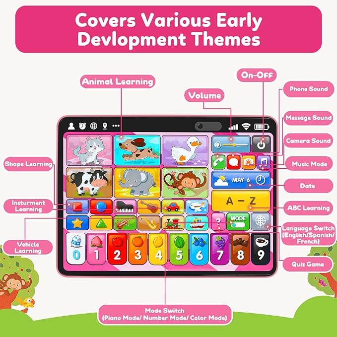 Trilingual Learning Toy Tablet with Music & Sound, Montessori Speech Therapy Toys for 1 Year Old Girl Boy Musical Baby Toy 12-18 Months Toddler Girl Toys Age 1-2 2-3 Birthday Gifts (Pink)